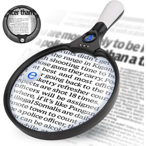 Large Magnifying Glass with Light, 5.5inch Handheld Illuminated Lighted Magnifier with 3 LED Lights for Seniors Reading, Inspection Coins, Jewelry, Exploring (Black)