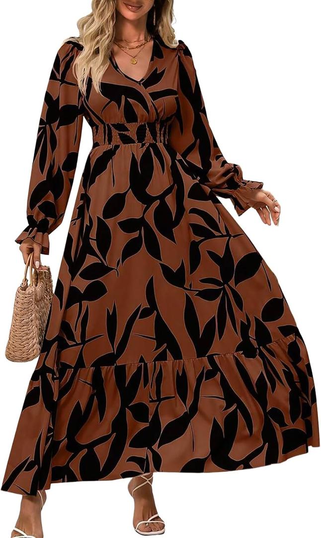 Fall Wedding Guest Cocktail Brown Floral Boho Maxi Dress for Women (Brown, XL)
