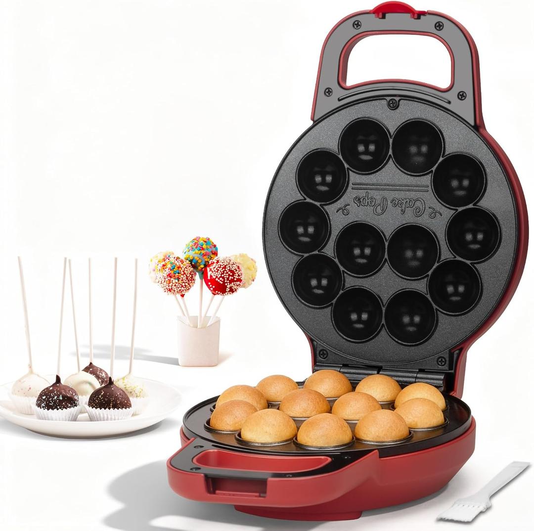 SugarWhisk Flip Cake Pop Maker Machine with Ceramic Coating, Make 12 x 1.4 Inch Cake Pops, Cake Pop Kit for Kids, Cake Pop Supplies, Snack Machine, Recipe & Brushed Included, Red
