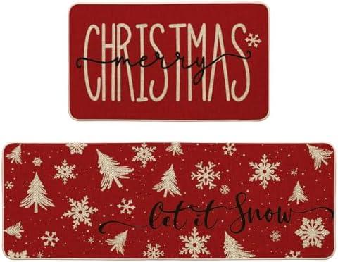 Artoid Mode Xmas Trees Snowflake Let It Snow Merry Christmas Kitchen Mats Set of 2, Winter Decor Low-Profile Kitchen Rugs - 17x29 and 17x47 Inch