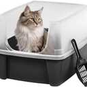 IRIS USA Large Open Top Cat Litter Box with High Sides, Scatter Shield & Scoop, Black - Easy Clean Plastic Litter Pan for Indoor Cats, Kittens or Multicat Homes