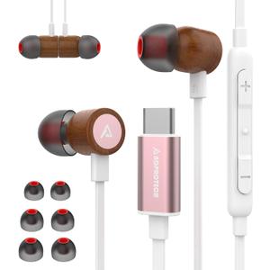 USB C Headphones for iPhone 16, Type C Earbuds Red Pear Wood Wired HiFi Stereo with Remote & Mic, USB C Earphones Compatible with iPhone 16/15 Pro Max, Galaxy S23, iPad Device with Type C, Rose Gold
