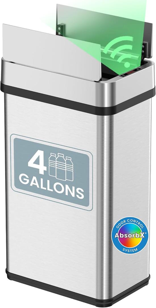 iTouchless 15 Liter / 4 Gallon Stainless Steel Sensor 2.0 Technology Wings Open Lid Bathroom Trash Can, Touchless Automatic Operation, Compact Design for Home, Office, Restroom, Kitchen, Bedroom