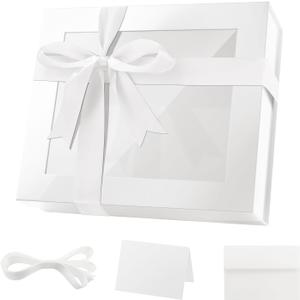 PACKQUEEN Extra Large White Valentine's Day Gift Box with Window, 16.3x14.2x5 Inches Clear Gift Box for Present Contains Ribbon, Card, Bridesmaid Proposal Box with Lid (Glossy White)