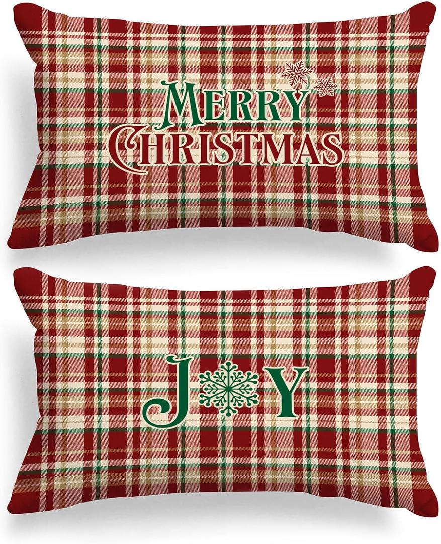 Lanpn Christmas Queen Pillowcase 20x30 Set of 2, Red Joy Christmas Decorative Lumbar Pillow Cases 20 x 30 Long Rectangle Accent Queen Shams Throw Bed Pillow Covers Xmas Cushion Cover 2 Pack