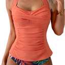Eomenie Womens Halter Tankini Bathing Suit Ruched Tummy Control Two Piece Swimsuit with Bottom (X-Large, Coral Pink Leaf)