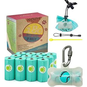 Dog Poop Pickup Bags Holder Dispenser with Leak-Proof Scented Doggy Waste Bags and Carabiner with Safety Lock Plus Hook and Loop Fastener Never Loose on Leash Lead Again (1 Holder 195 Bags, Clear)