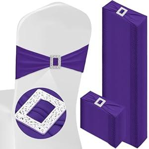 VitalCozy 100 Pcs Spandex Chair Sashes with Square Buckle Slider Stretch Chair Cover Band Universal Elastic Ties Straps Bows for Wedding Banquet Event Party Decoration(Dark Purple)
