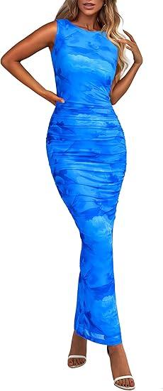 BTFBM Women Bodycon Maxi Dresses 2025 Summer Sleeveless Floral Ruched Slit Mesh Party Cocktail Wedding Guest Tank Dress, Large