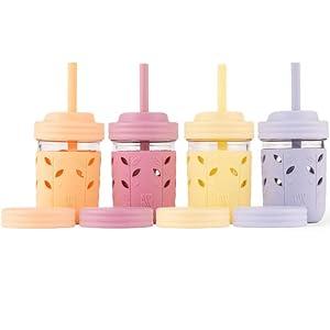 Elk and Friends Kids + Toddler Glass Cups | The Original 8oz Glass Mason Jar with Sleeves + Lids | Silicone Straws + Stopper | Smoothie Cup | Food Storage | Spill Resistant | Dishwasher Safe | 4 Pack