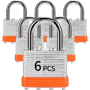 Padlocks with Same Key, LQYN 6 Pcs Laminated Keyed Padlock (1-9/16", 40mm), Keyed Alike Locks, Normal Shackle, for Storage Locker, Hasp Latch, Toolbox, Sheds (6 Pack Orange)