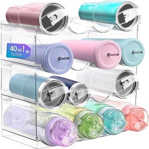 4 Pack Water Bottle Organizer, Large Compartment Stackable Kitchen Pantry Organization and Storage Rack, Plastic Water Bottle Holder for Kitchen Cabinet Organizer and Storage, Tumbler Mug Cup Shelf
