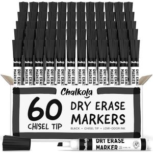 Chalkola 60 Black Dry Erase Markers Bulk Pack, Black Chisel Point White Board Marker Dry Erase Pens - Low Odor Whiteboard Markers for Kids, Home, Office, Back to School Supplies