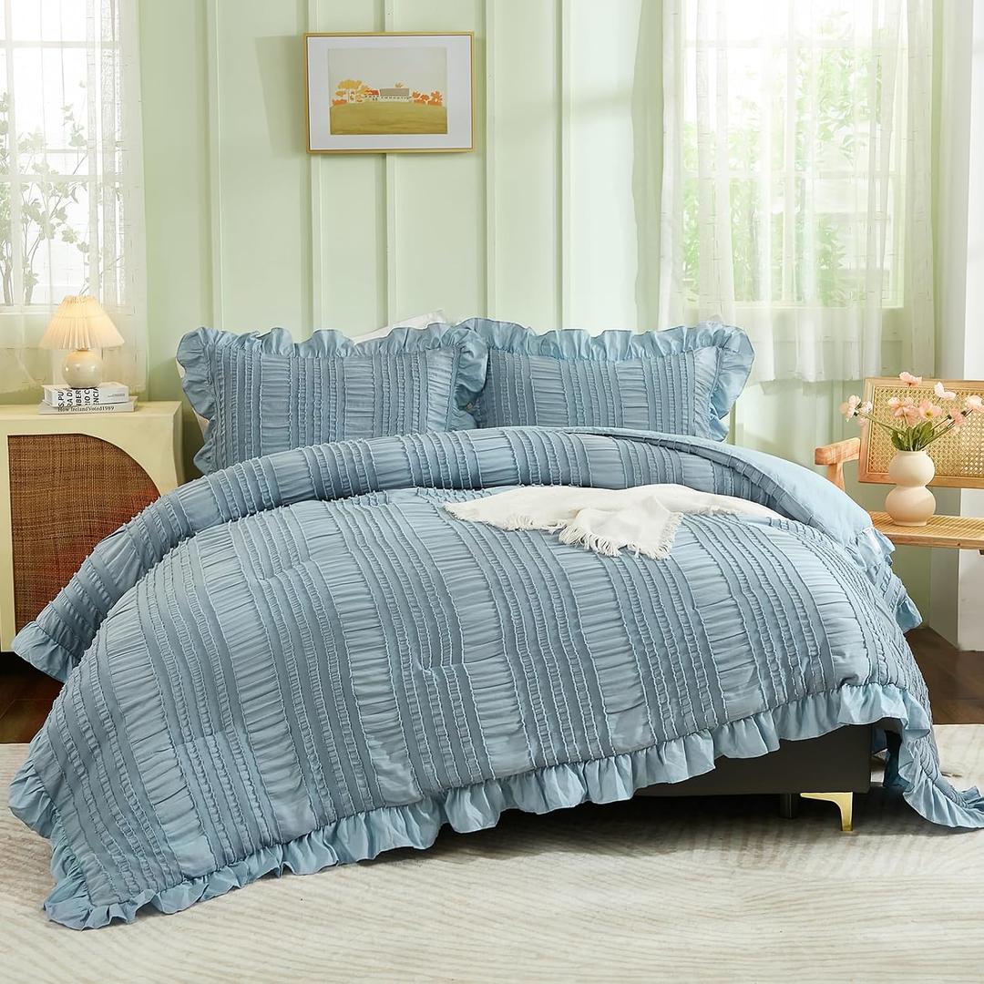 WONGS BEDDING Blue Comforter Set Queen,3 Pieces Ruffle Farmhouse Shabby Chic Boho Comforter for Queen Bed,Soft Seersucker Textured Bedding Set with 1 Ruffle Comforter,2 Tufted Pillowcases 90"90"