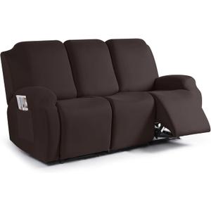 TAOCOCO Recliner Sofa Slipcover, 3 Pieces Polyester Fabric Stretch Sofa Covers for 3 Seat Reclining Couch, Soft Washable Furniture Protector with Pockets (3 Seat, Coffee)