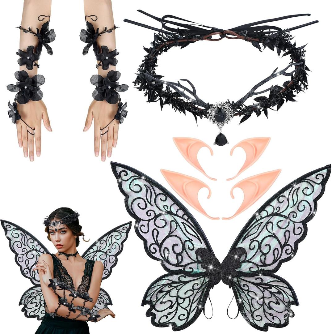 4 Pcs Black Fairy Wings Costume for Adults Women, Gothic Renfaire Accessories Black Antler Crown Elf Ears Fairy Flower Arm Wrap Set, Cosplay Renaissance Goth Wedding Accessory Halloween