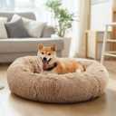 DUMOS 37.4 Inch Large Donut Dog Bed for Indoor Use, Fluffy Faux Fur Plush
Warming Cozy Round Pet Bed, Machine Washable Cuddler, Anti-Slip Bed for Dogs and Cats, Brown