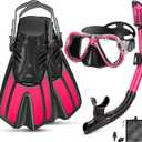 Snorkeling Gear for Adults, 4 in 1 Adult Snorkel Set with Panoramic View Snorkel Mask, Dry Top Snorkel, Adjustable Short Fins and Travel Bag, Snorkel Set with Fins for Snorkeling Diving (S/M(36-41), Pink)
