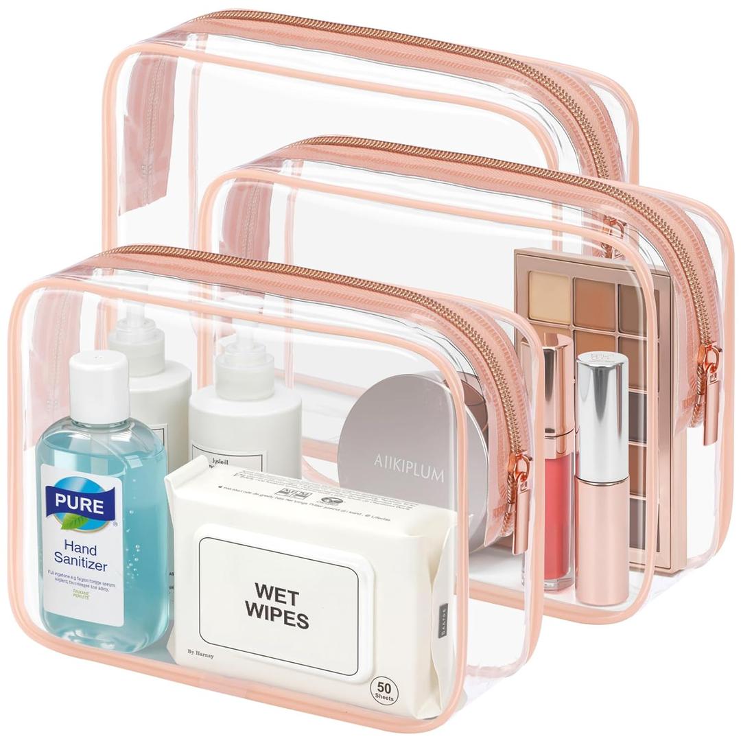 PACKISM TSA Approved Toiletry Bag - Clear Makeup Bag 3 Pack Medium, Metal Smooth Zipper Quart Size Bag for 3-1-1 Liquids, Travel Makeup Bag for Women Men, Airport Airline Compliant Bag, Rose Pink (Medium Set (Standard))