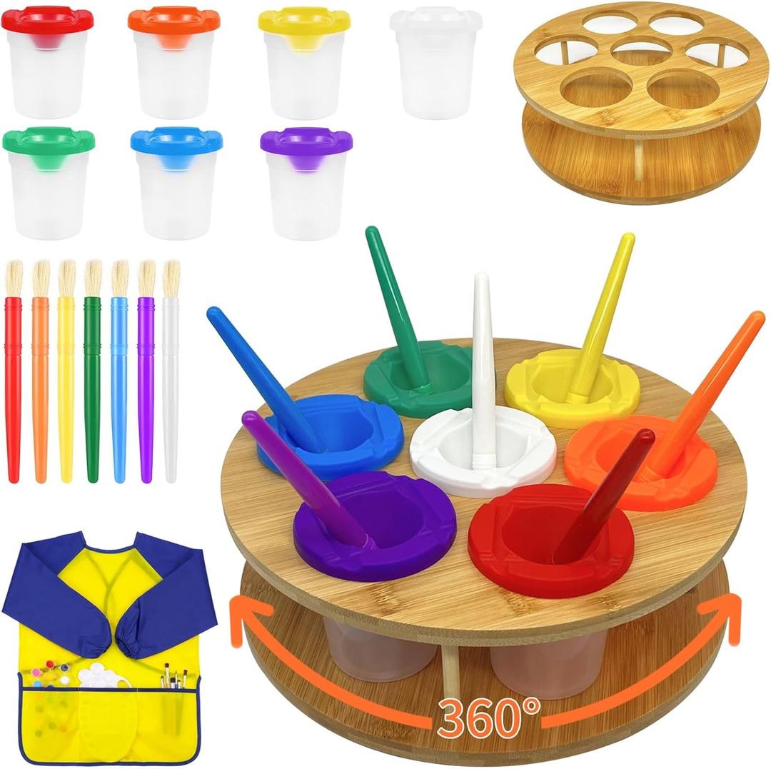 Paint Cups with Lids for Kids, 7pcs Spill Proof Painting Cups with Rotating Holder Toddler Paints Brushes No Spill Paint Cups with Kids Art Smock Paint Containers Art Supplies for Classrooms