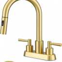 Bathroom Faucet with Pull Out Sprayer, Brushed Gold Bathroom Faucet 3 Holes, 2 Handle Bathroom Sink Faucet with 360 Degree Swivel Spout, Pop Up Drain Assembly Included