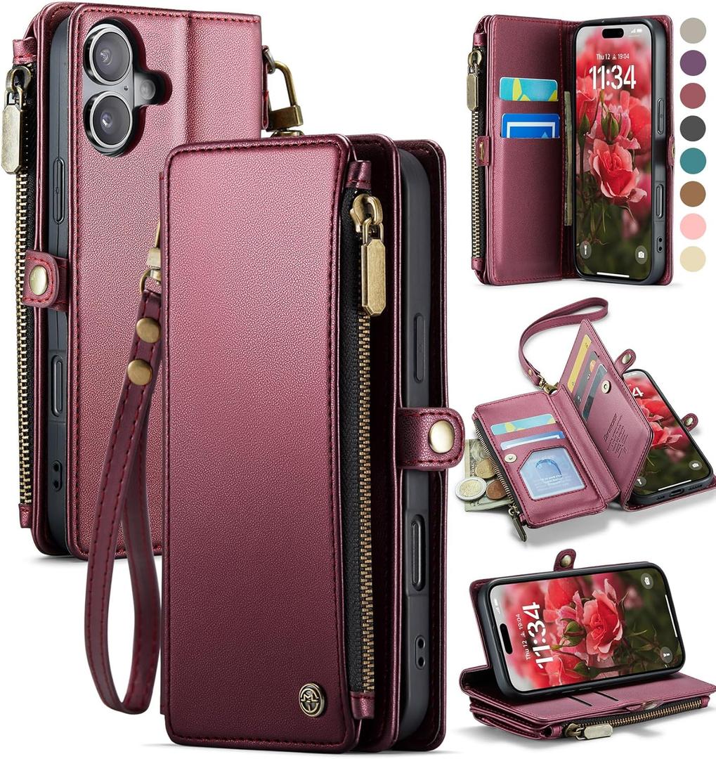 Defencase Compatible with iPhone 16 Case Wallet with RFID Blocking Card Holder for Women and Men, Fashion PU Leather Magnetic Snap Flip Zipper Strap Wallet Phone Case for iPhone 16 6.1", Wine Red