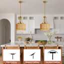 11.8" Modern Boho Rattan Gold Pendant Light Adjustable Rod Vintage Farmhouse Drum Fabric Pendant Light Fixture Woven Bamboo Wicker Pendant Lights for Kitchen Island, Dining Room, Bedroom