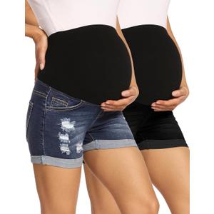 V VOCNI Maternity Denim Shorts Women's Summer High Waist Distressed Cuffed Hem Casual Denim Jeans Short (Large)