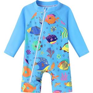 Baby Boy Swimsuit One Piece Long Sleeve Zipper Bathing Suit UPF 50+ Sun Protection Rashguard Swimwear 0-24 Months, 100