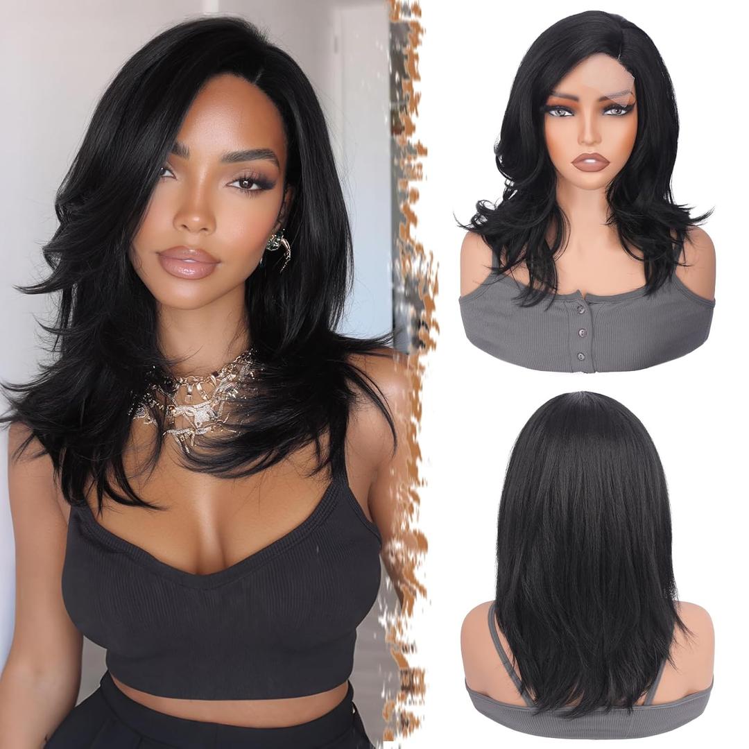 Natural Black Wig for Women  Side Part Layered Straight Wig with Lace Front, Realistic Hairline & Soft Yaki Fiber, Lightweight Natural Look - Natural Black, 14 Inch