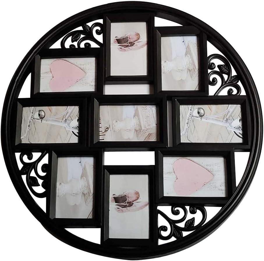 MKUN 4x6 Wall Collage Picture Frames 4X6- Round Circular Wall hanging Picture Photo Collage Frame with Leaf Decoration, 9- Opening (Black)