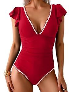 Women's One Piece Ruffle Swimsuit Tummy Control Bathing Suit V Neck Shell Stitched Swim Suit Slimming Swimwear Red and White, 2XL