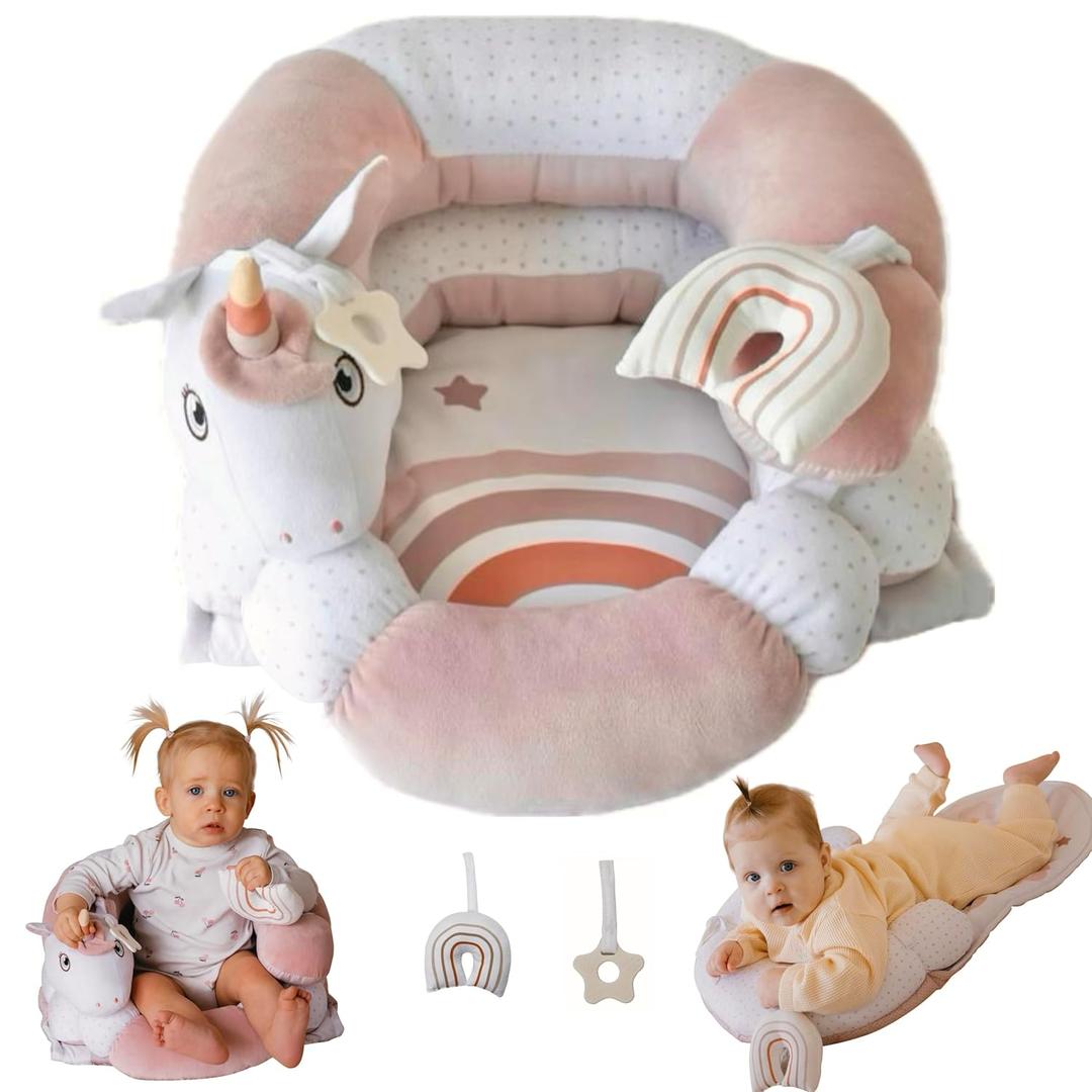 2-in-1 Tummy Time Mat and Seated Support with Two Toys  for Newborns and Babies  Includes Detachable Cushion for Supervised Play & Head/Neck Development (Blush)