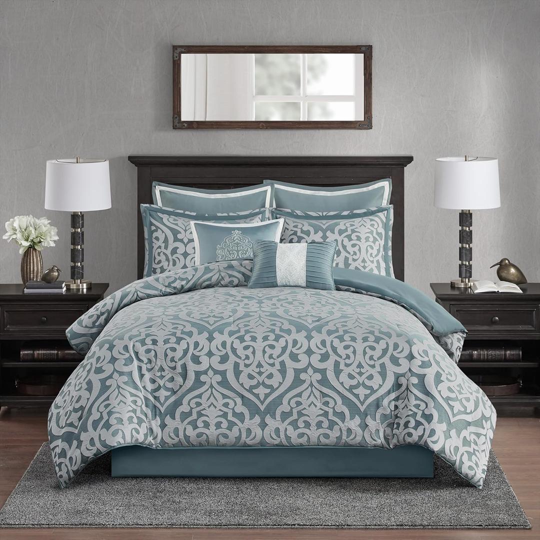 Madison Park Odette Cozy King Size Comforter Set Jacquard Damask Medallion Design - Modern All Season, Down Alternative Bedding, Shams, Decorative Pillows, King(104 in x 92 in), Aqua