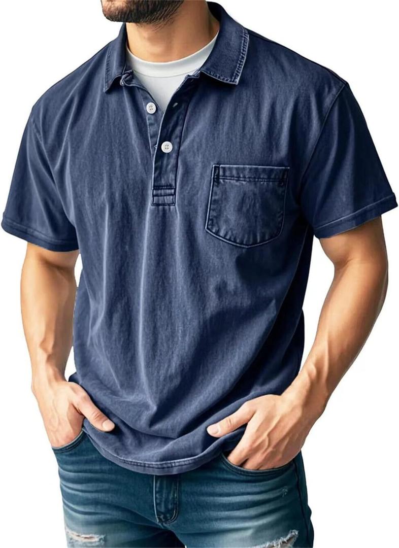 Men's Casual Polo Shirts Classic Button Basic Short Sleeve Shirt Solid Color Retro Tees Golf Stylish Tops (Blue, XL)