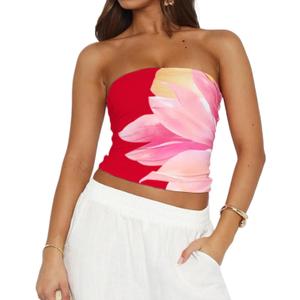 Cioatin Women Cute Floral Print Strapless Bandeau Tube Tops Y2K Aesthetic Sleeveless Slim Fit Flower Crop Tank Going Out (M)