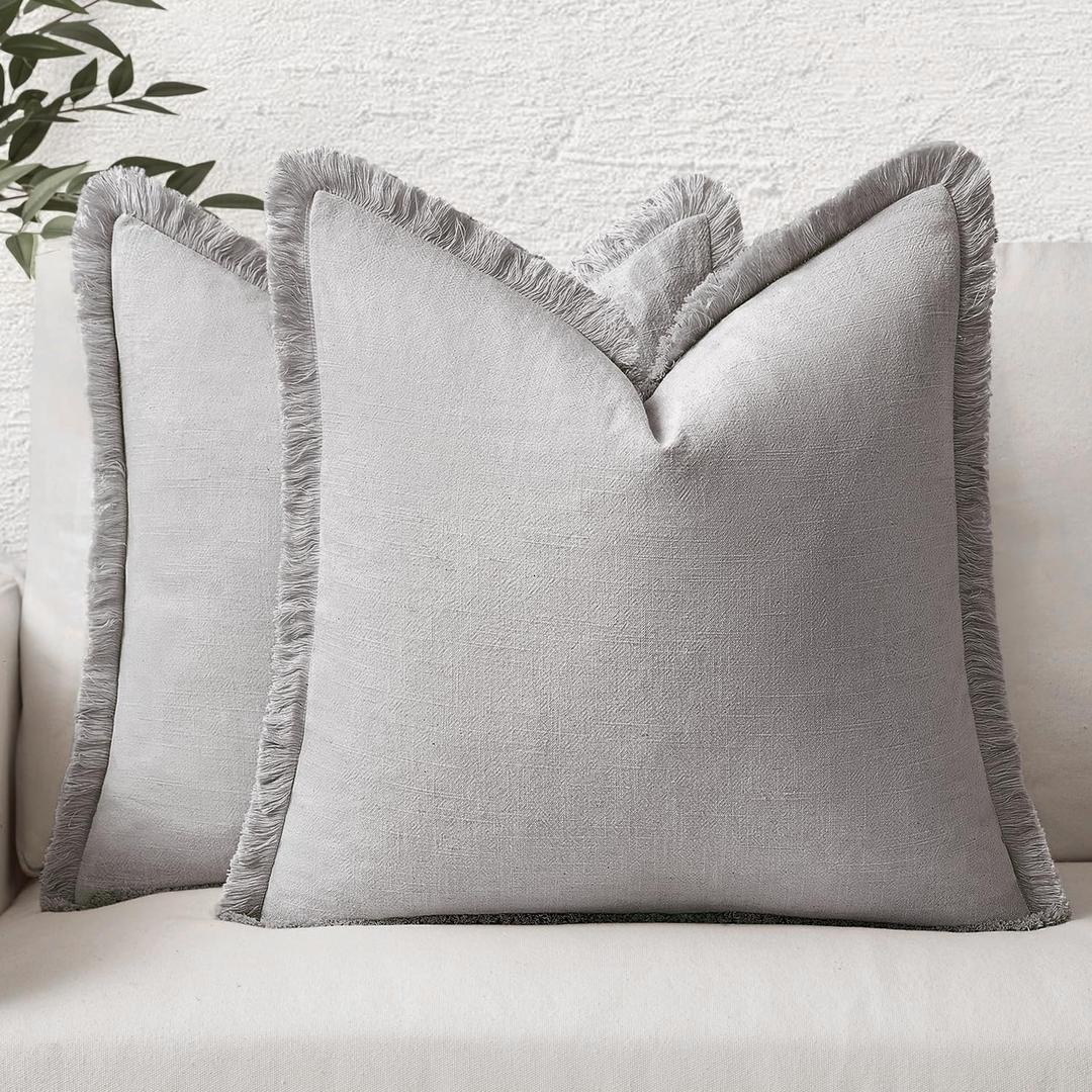 MIULEE Decorative Throw Pillow Covers Neutral Linen Fringe Throw Pillows Set of 2 Light Grey Boho Farmhouse Cushion Covers with Tassels for Couch Sofa Bed Living Room Spring Home Decor 20x20 Inch