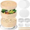 Bamboo Steamer 10 Inch, 2 Tier Bamboo Steamer Basket with a Lid, Dumpling Steamers with Paper Liners, Reusable Silicone Liners, Cutter, Adapter, Sauce Dish, Chopsticks, for Steaming Dim Sum Asian Food