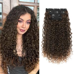 Clip in Hair Extensions, FLUFYMOOZ 4PC 100 Pure Protein Silk Hair Extensions Long Soft Natural Hairpiece 20 Inch Curly Hair Extension for Women (Black with Copper Golden Blonde)
