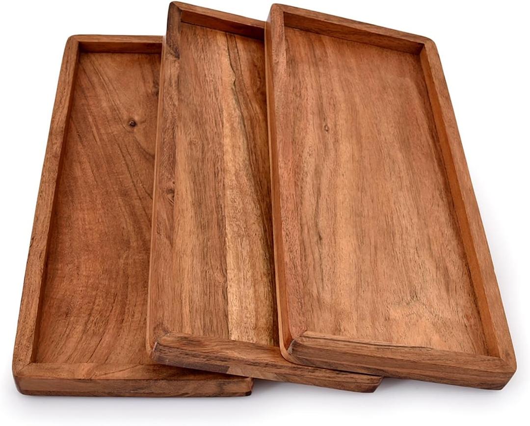NIRMAN Acacia Wood Rectangular Wooden Platters for Home Decor, Food, Vegetables, Fruit, Charcuterie, Appetizer Serving Tray (13" x 5.5" x 0.75") (Set of 3)