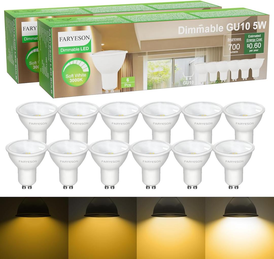Dimmable GU10 LED Light Bulbs - 5W, Soft White (3000K), 700 Lumens, Wide 110 Flood Beam, Great for Recessed and Track Lighting in Kitchens, Living Rooms, and Bedrooms, 12-Pack