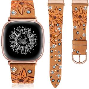 Minyee Leather Band Compatible with Fitbit Versa 4/Versa 3/Fitbit Sense 2/Sense Band Women, Boho Western Embossed Sunflower Floral Designer Cute Fancy Slim Thin Leather Strap for Versa 4 Smartwatch