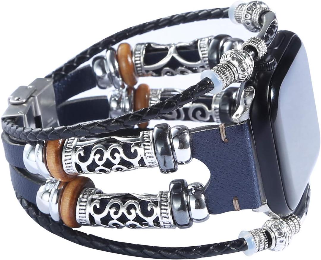 Compatible with Apple Watch Band 46mm 45mm 44mm 42mm 41mm 40mm 38mm 49mm, iWatch Series 10/9/8/7/SE/6/5/4/3/2/1/Ultra, Leather Boho Bracelets Jewelry Multilayer Metal Cuff Retro Strap for Men&Women