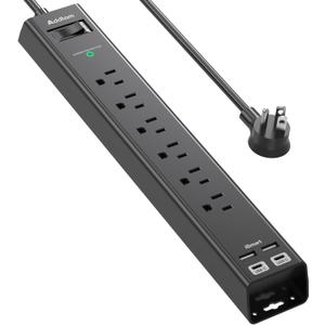 Flat Extension Cord, Addtam 5Ft Surge Protector Power Strip with 6 AC Outlets 4 USB, 1875W/15A, Wall Mount, Desk Charging Station for Office School College Dorm Room Essentials, ETL Listed, Black
