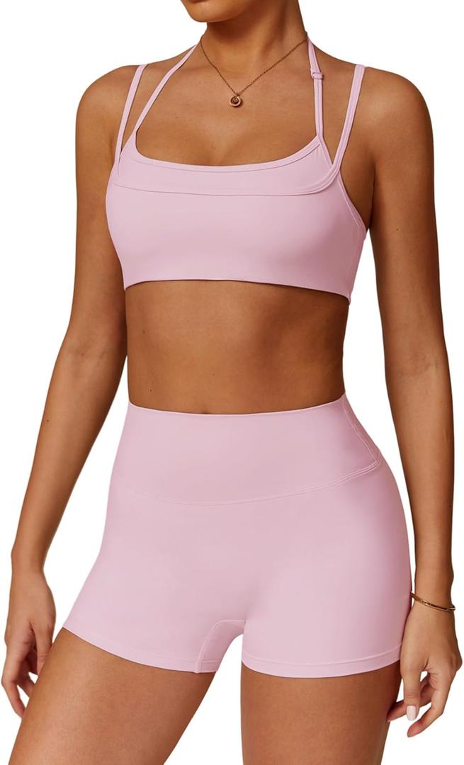 Two Piece Workout Sets For Women Sports Bra Matching High Waist Scrunch Butt Shorts Gym Yoga Athletic Clothes (Small, Pink)