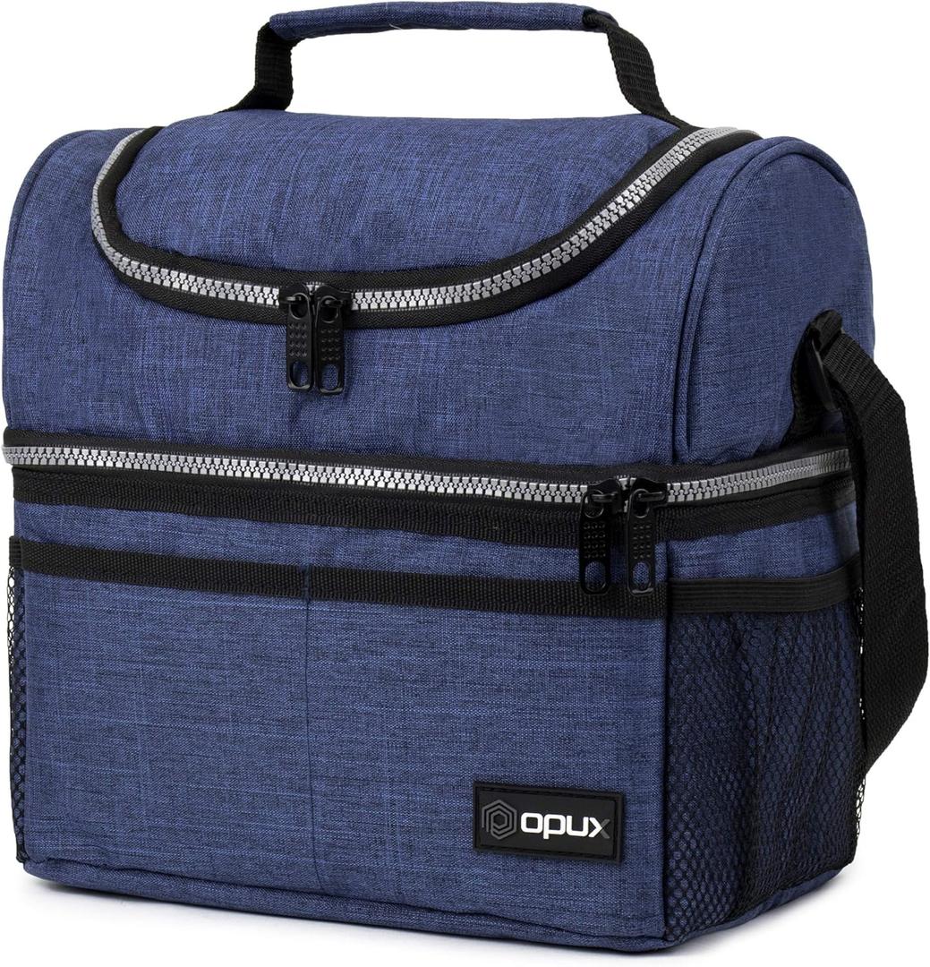 OPUX Lunch Box For Men Women, Insulated Large Lunch Bag Adult Work, Double Decker Lunchbox Meal Prep Dual Compartment Leakproof Lunch Cooler, Soft Lunch Pail Tote Boys Girls Kids School, Navy Blue 12L