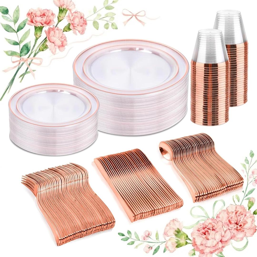 bUCLA 150PCS Clear Rose Gold Disposable Dinnerware set - Rose Gold Plastic Plates Include 25 Dinner / 25 Dessert Plates, 25 Knives, 25 Forks, 25 Spoons, 25 Cups for Party, Wedding & Mother's Day