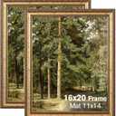 16x20 Gold Picture Frame, 2 Pack Ornate Vintage Picture Frames for Wall or Tabletop Display, 16x20 Photo Frame Gold with Plexialass, Display Poster 11x14 with Mat or 16x 20 without Mat for Antique Dco
