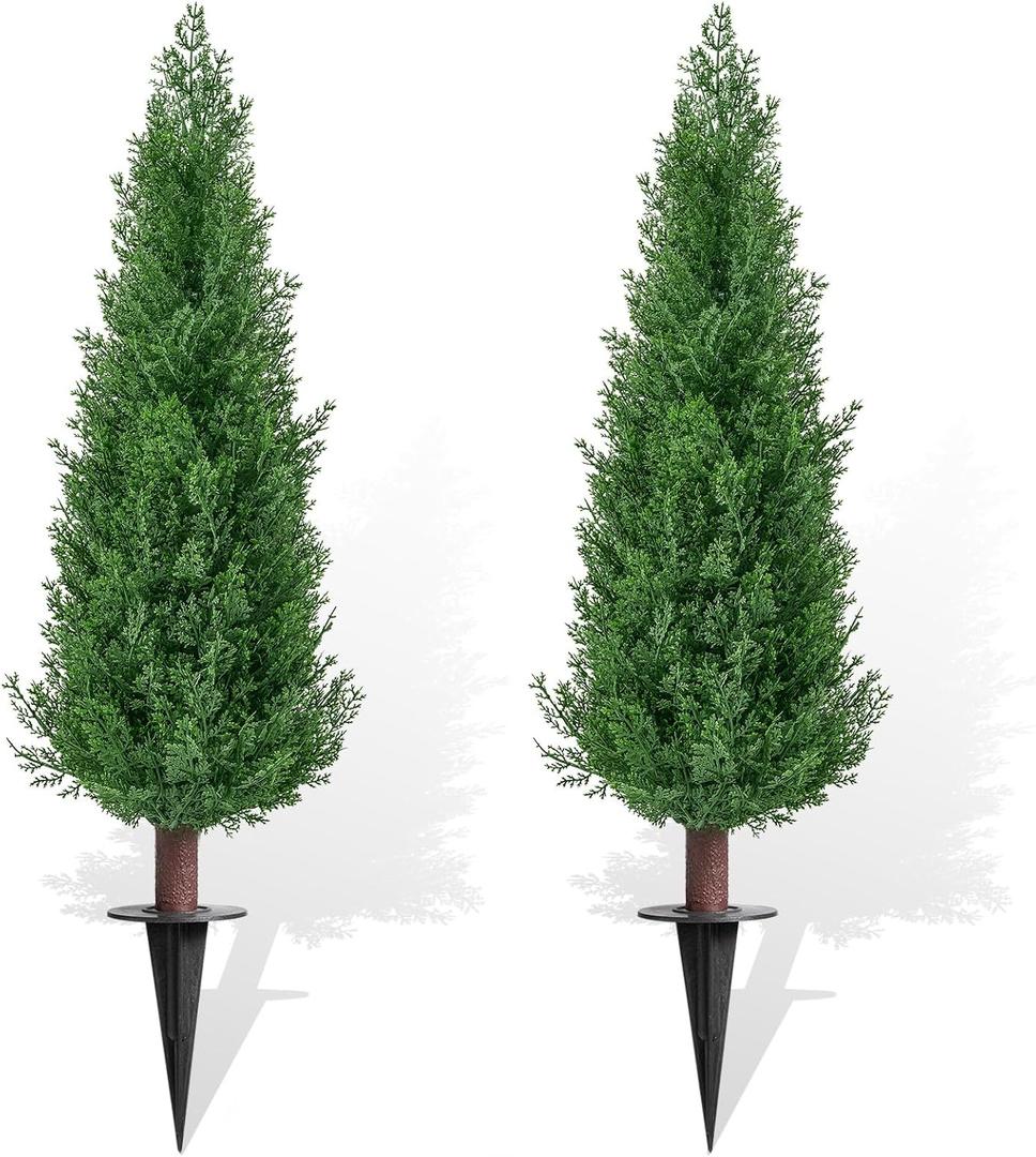 2 Pack 3ft Artificial Cedar Topiary Trees with Ground Spike, UV Resistant Fake Plants Front Porch Décor, Lifelike Artificial Plants Indoor Fake Tree Faux Plants for Home Living Room Offices