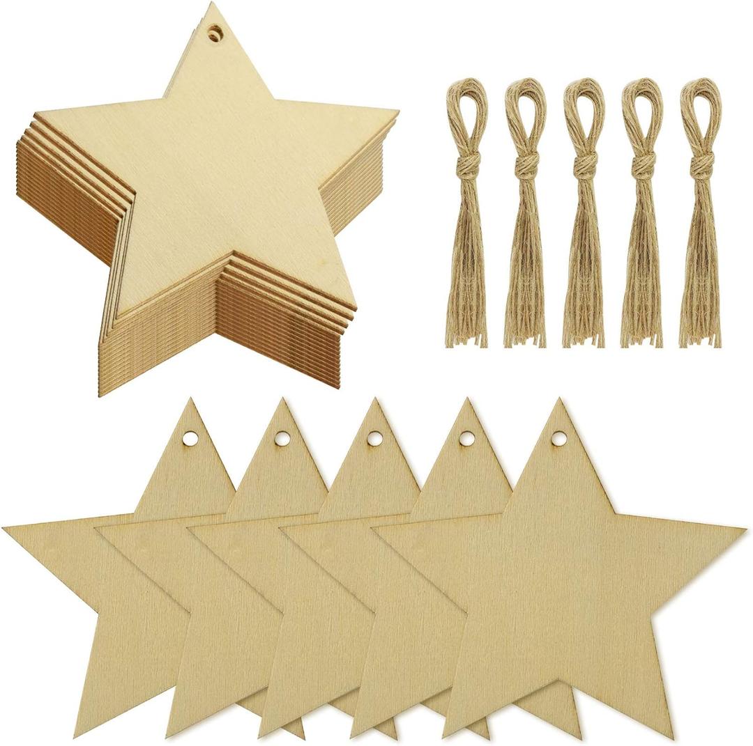 obmwang 50 Pieces Natural Wooden Star Cutouts Unfinished Predrilled Wooden Star Embellishments with Natural Twine for Christmas, DIY Craft, Party Decoration